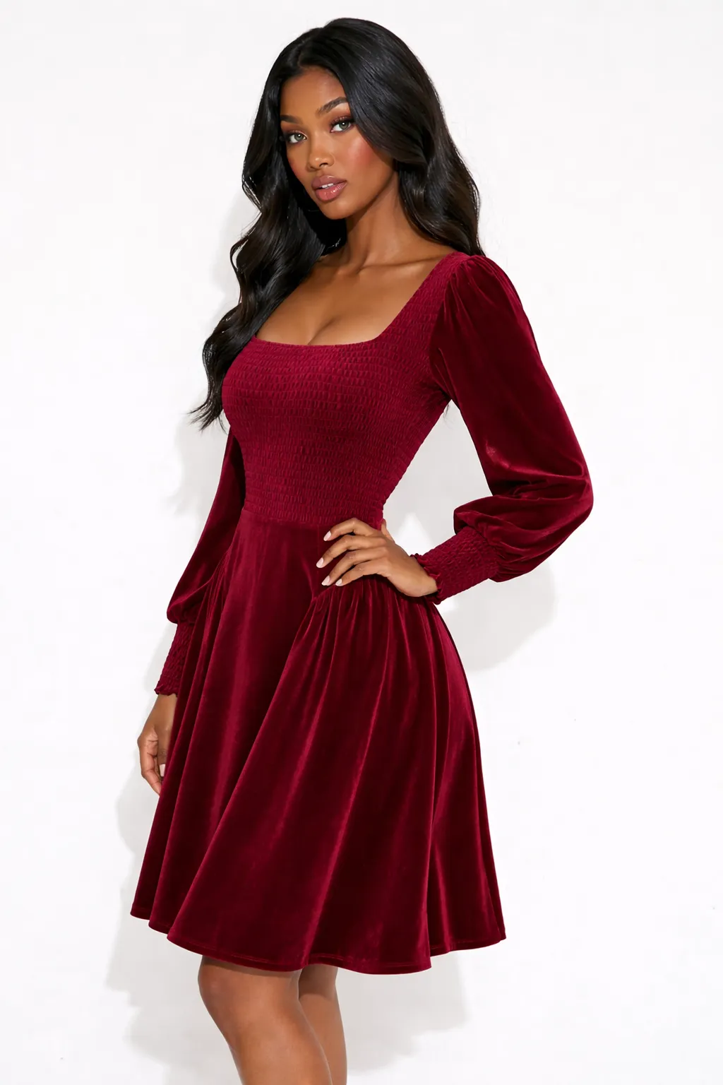 MIDNIGHT VELVET SMOCKED SHEATH DRESS – EDGY ELEGANCE | MUS345