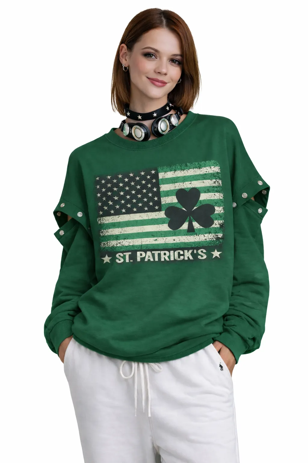 Alternative view of LIBERTY CLOVER SNAP-SLEEVE TEE – EDGY FESTIVE STREETWEAR | MDU411US