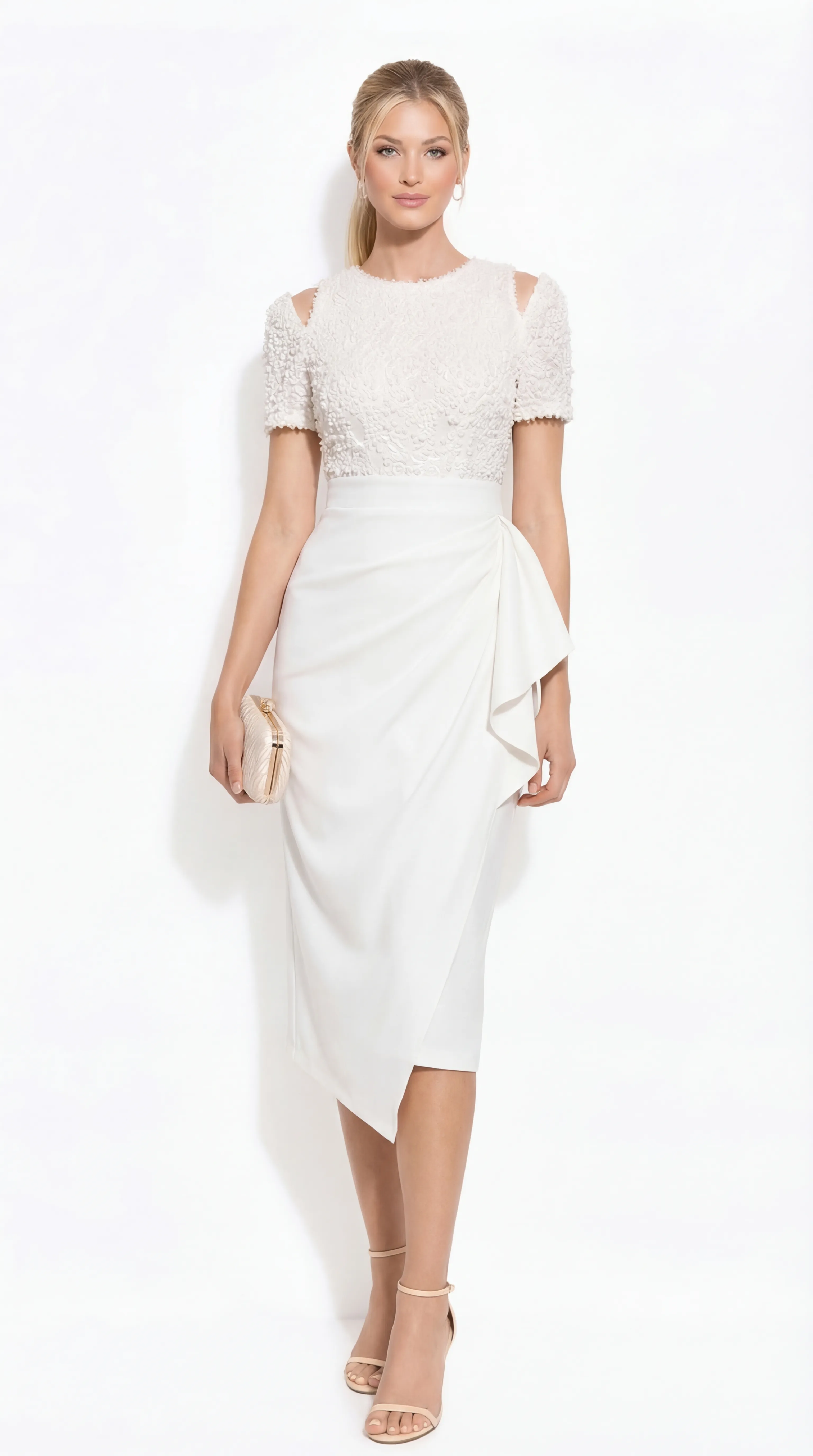 IVORY LACE SCULPT – ASYMMETRIC WRAP MIDI | MDU4402