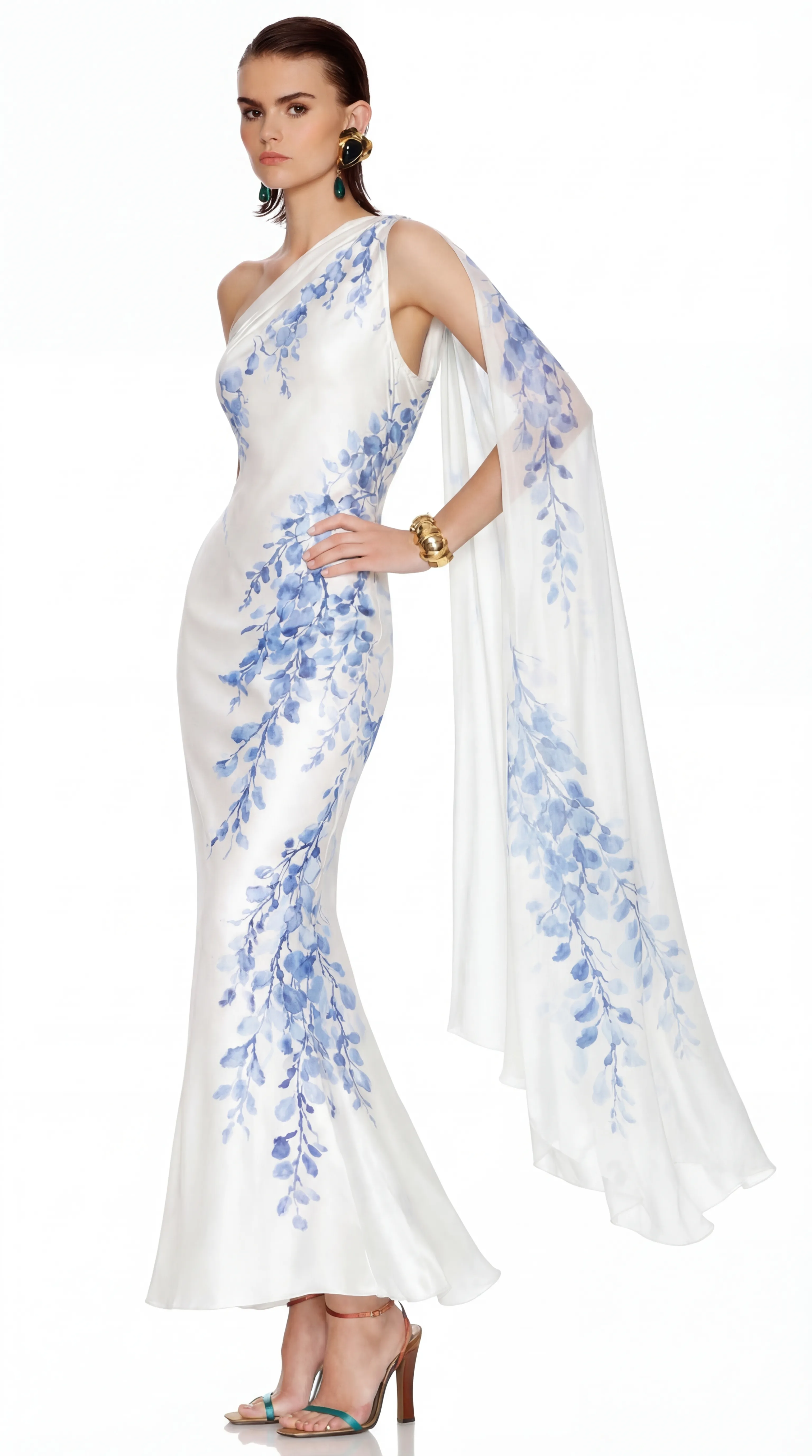 CERULEAN BLOSSOM ONE-SHOULDER GOWN – PREMIUM SILK | MUS513