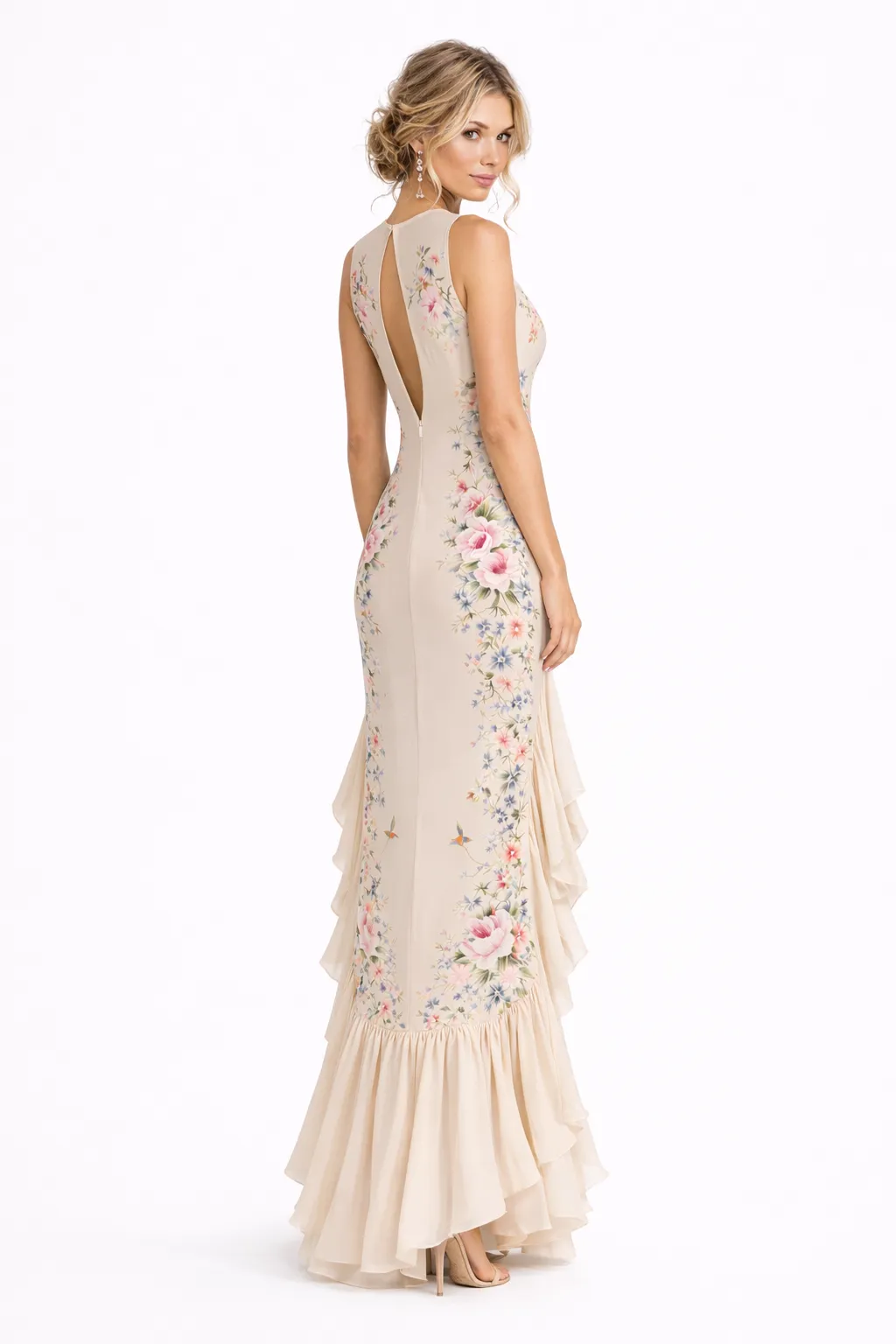 Alternative view of FLOWING CURVE SILK DRESS – PRINTED TƠ SILK WITH DRAPED PANELS | MUS538