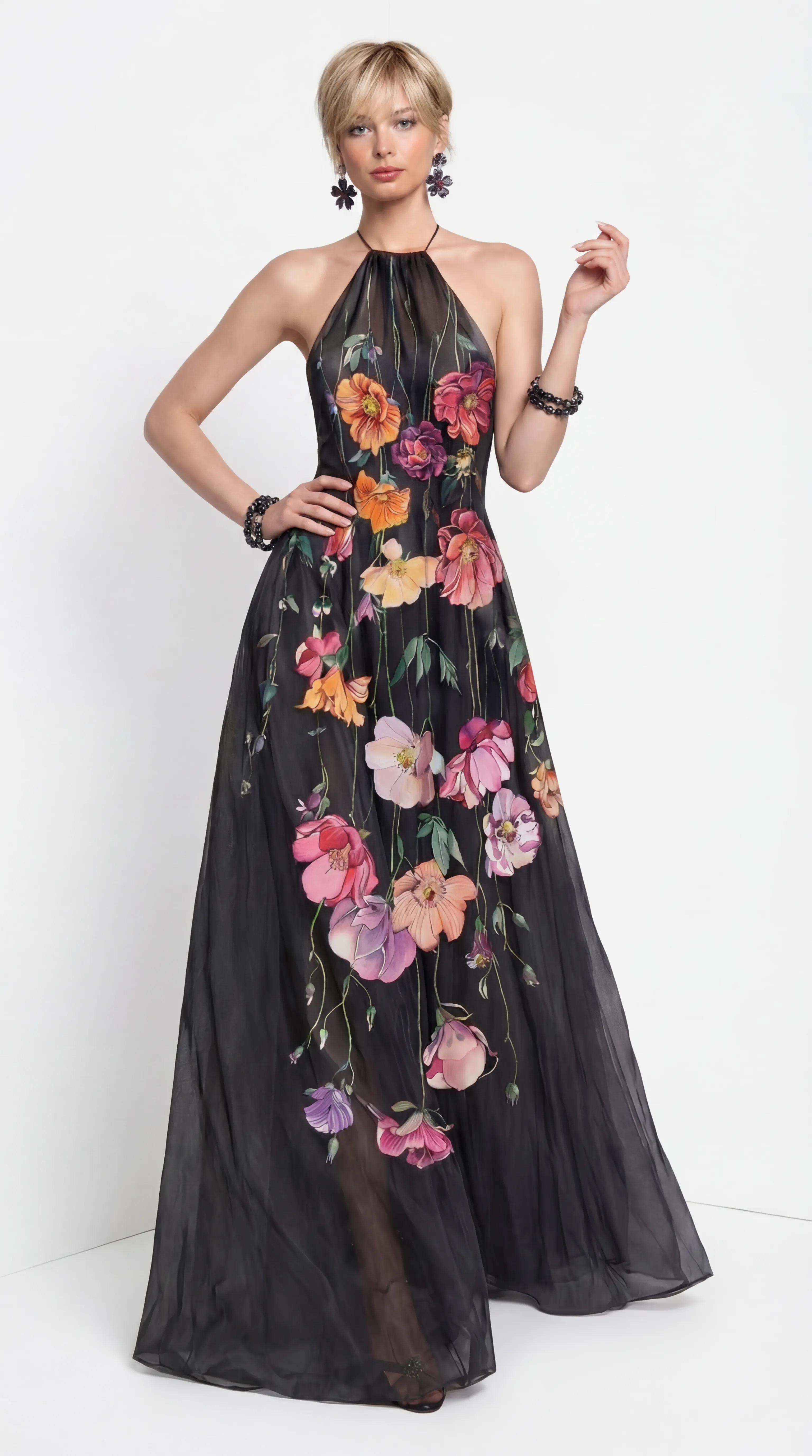 MIDNIGHT BLOSSOM HALTER GOWN – PREMIUM SILK TƠ | MUS540
