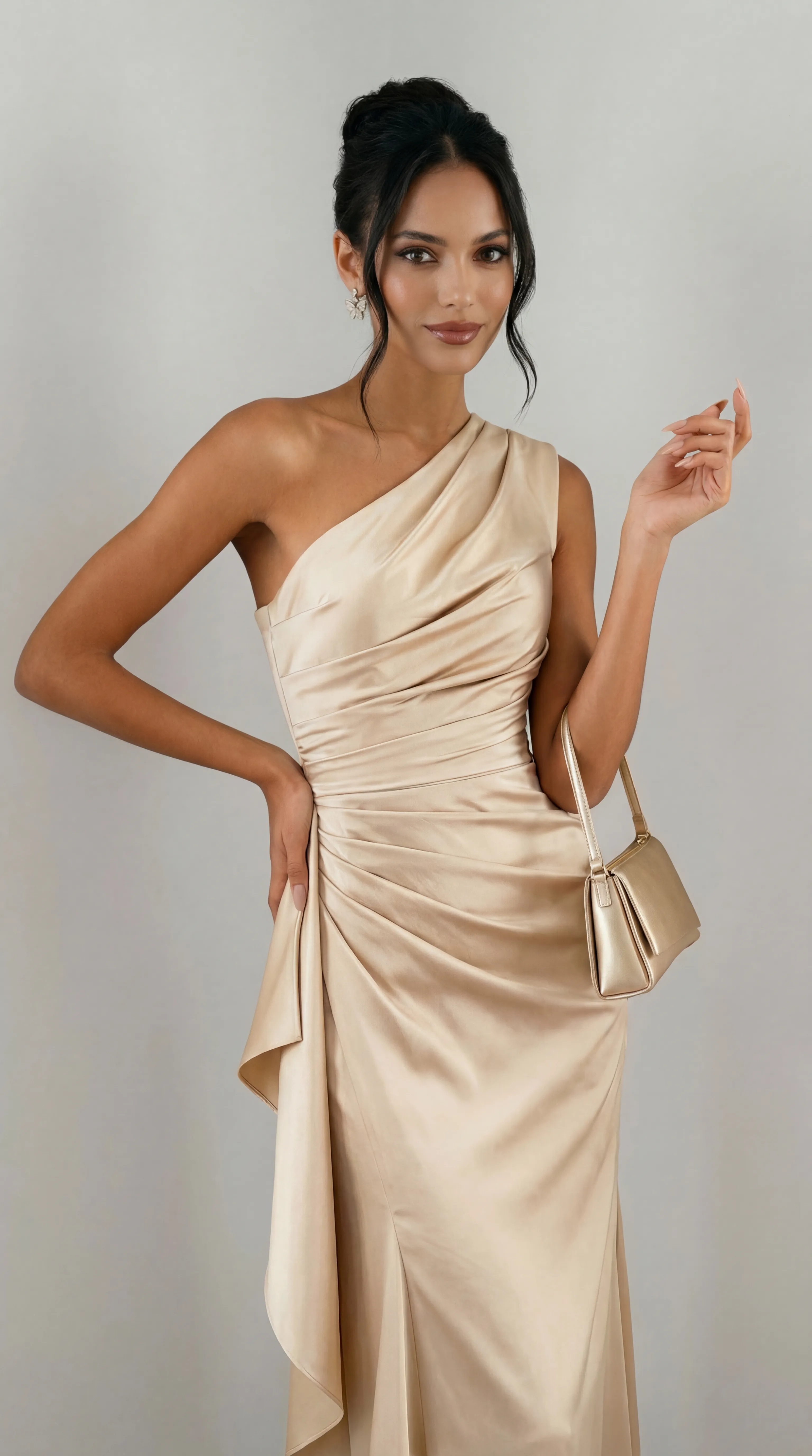 Alternative view of CHAMPAGNE SCULPTED ONE-SHOULDER GOWN – PREMIUM SILK | MUS552